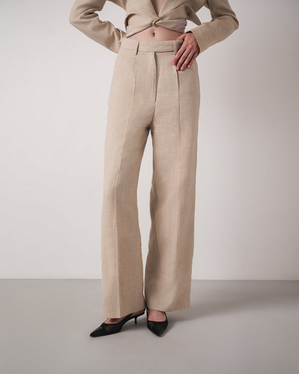 Beige Wide-Leg Linen Trousers
