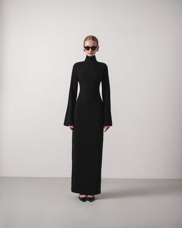 High-Neck Crepe Gown with Open Back