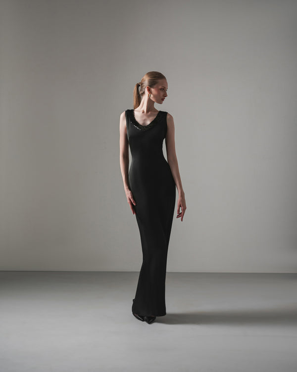 Sequin-Draped Back Gown